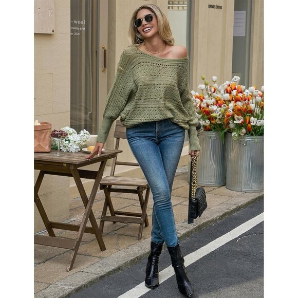 Women’s Green Off Shoulder Batwing Crochet Sweater Top, Fall Trendy - Picture 3 of 6